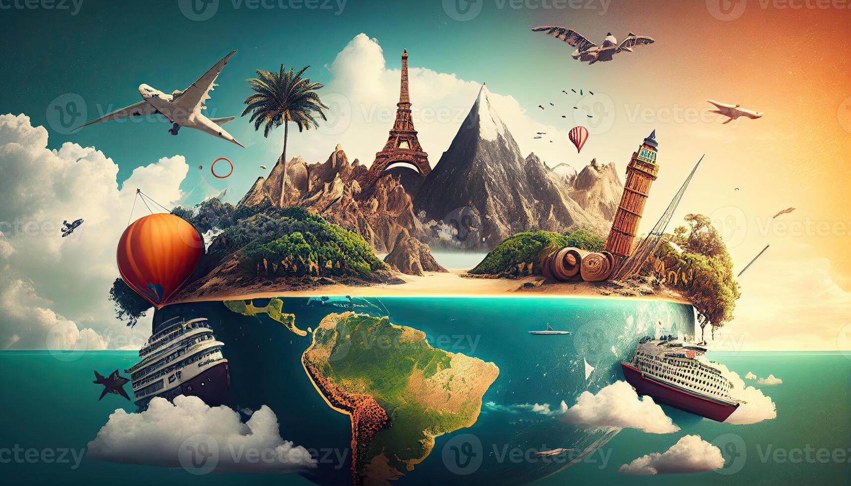 Travel abstract background with transport and nature. Trip backdrop photo