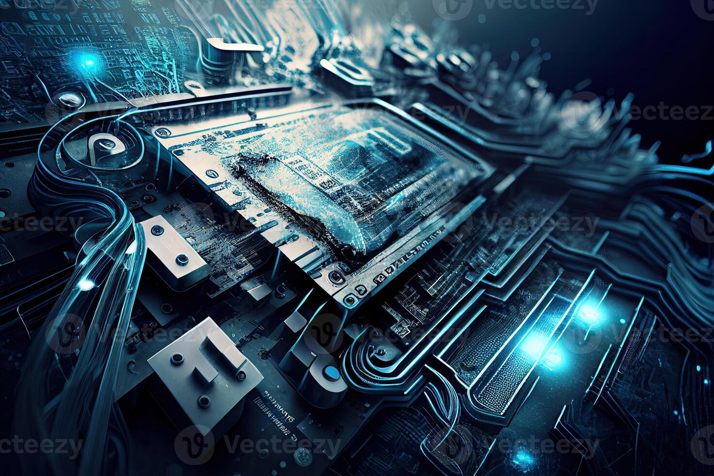 Technology Background Blue Glow Light, Abstract Digital Graphic Design Wallpaper. CPU or GPU Motherboard Chip photo