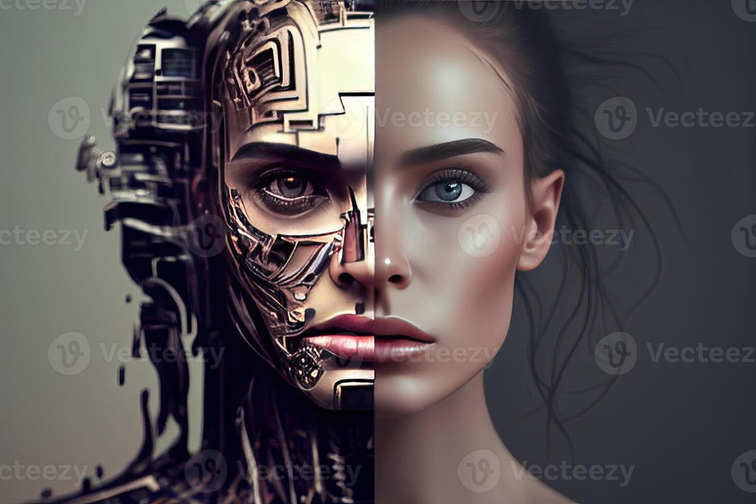 People against AI, conflict illustration. Person face portrait with ...