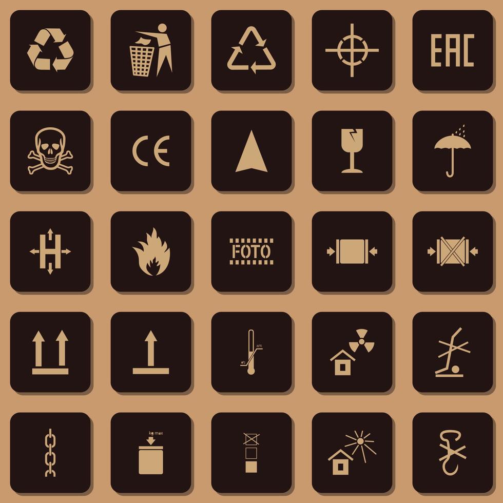Packing icon collection including fragile, handling with care, flammable and other signs. vector
