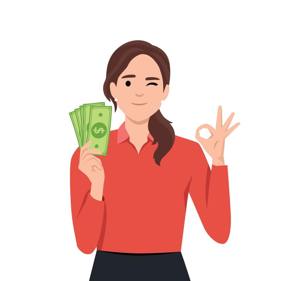 Young woman holding cash or currency or money in hand and showing OKAY or OK sign vector