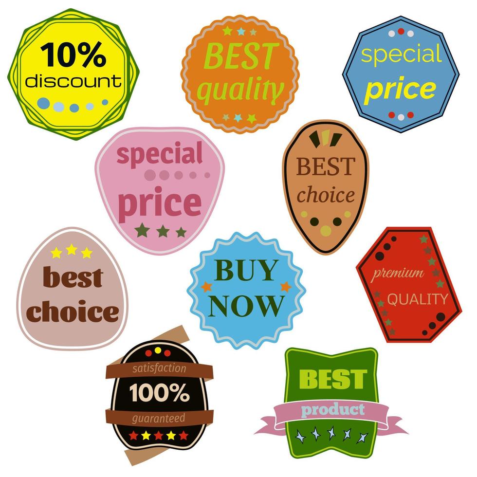 Set of Ten Vector Badges with Ribbons. Web stickers and labels. Isolated vector illustration.