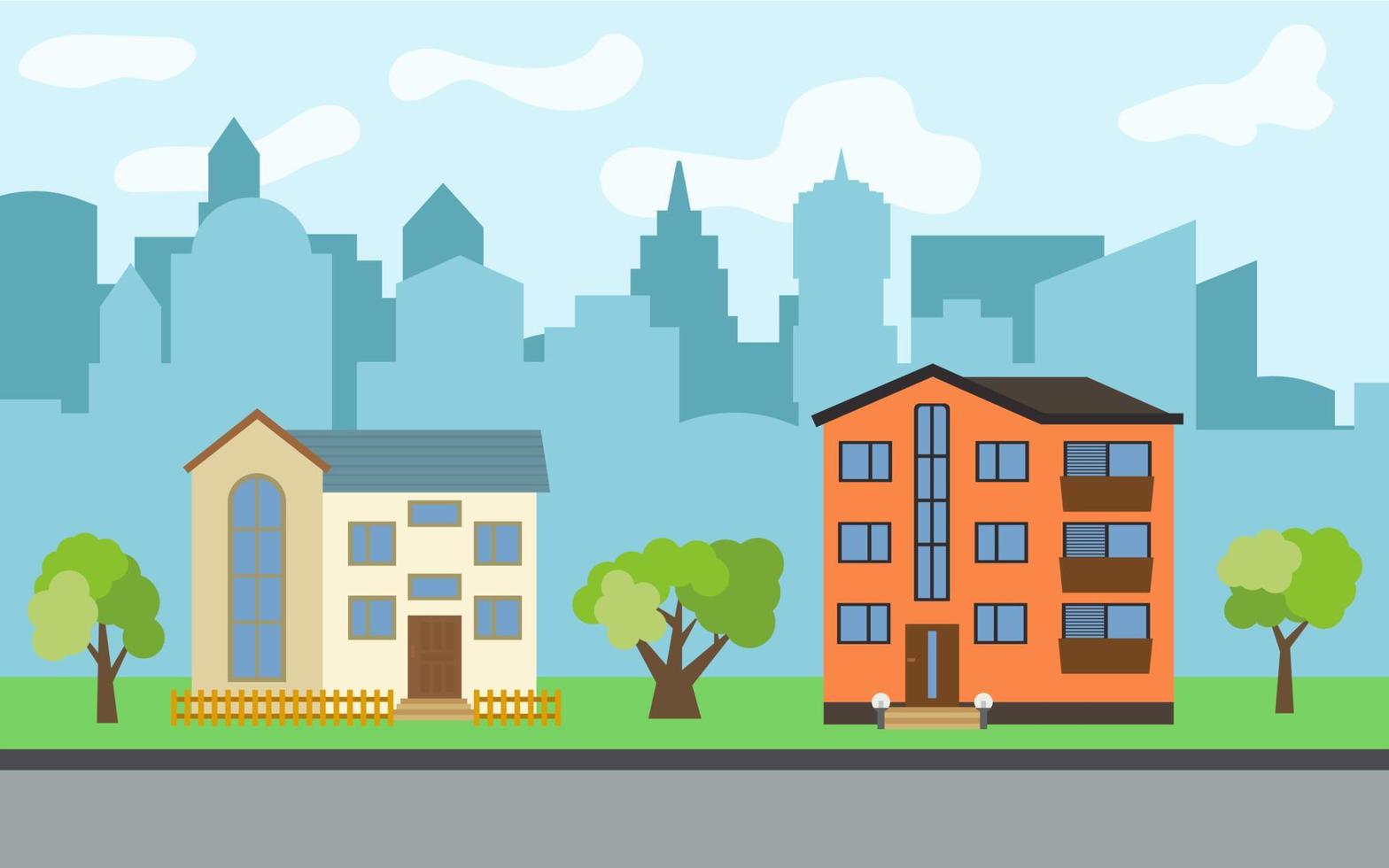Vector city with two-story and three-story cartoon houses and green trees in the sunny day. Summer urban landscape. Street view with cityscape on a background