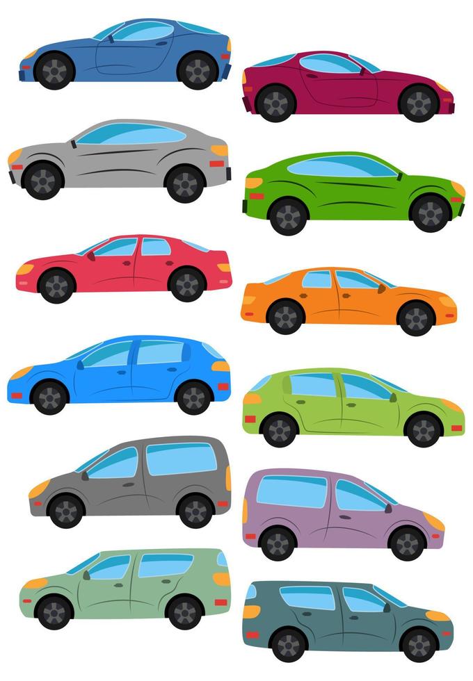 Set of different car types. Multicolored Cars Collection. Isolated vector illustration.