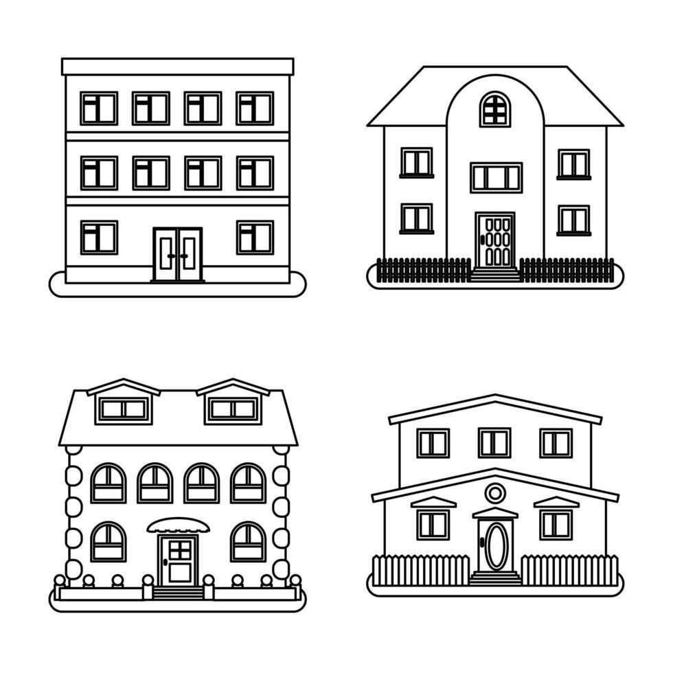 conjunto de cuatro casas en Delgado línea estilo en blanco antecedentes. vector ilustración.