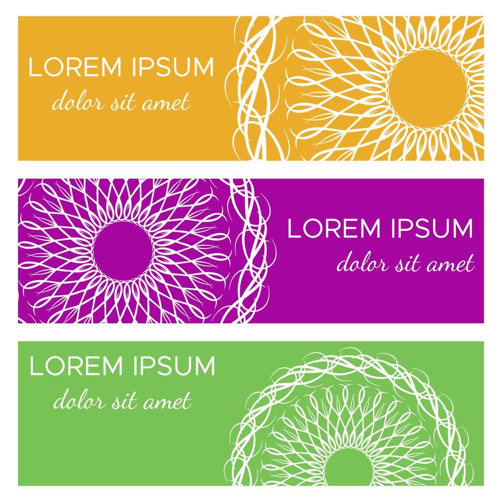 Set of abstract horizontal header banners with geometric circular elements and place for text. Colorful backgrounds for web design. Vector illustration