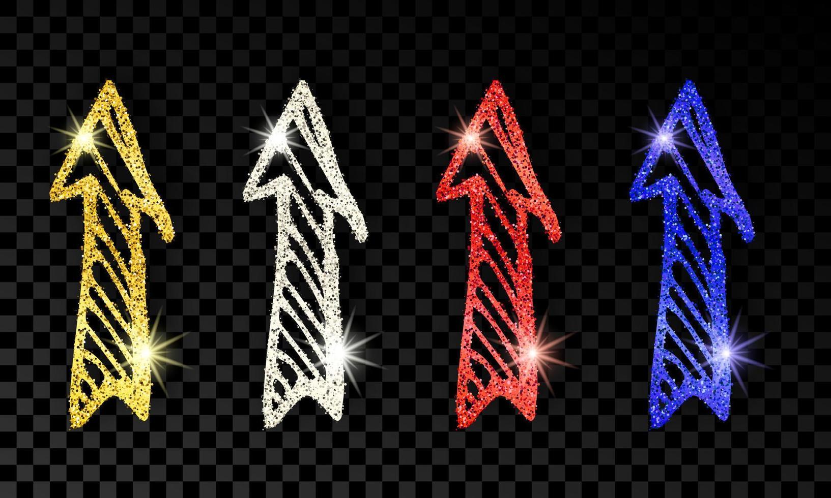 Set of four doodle hand drawn arrows with gold, silver, blue and red glitter effect on dark vector