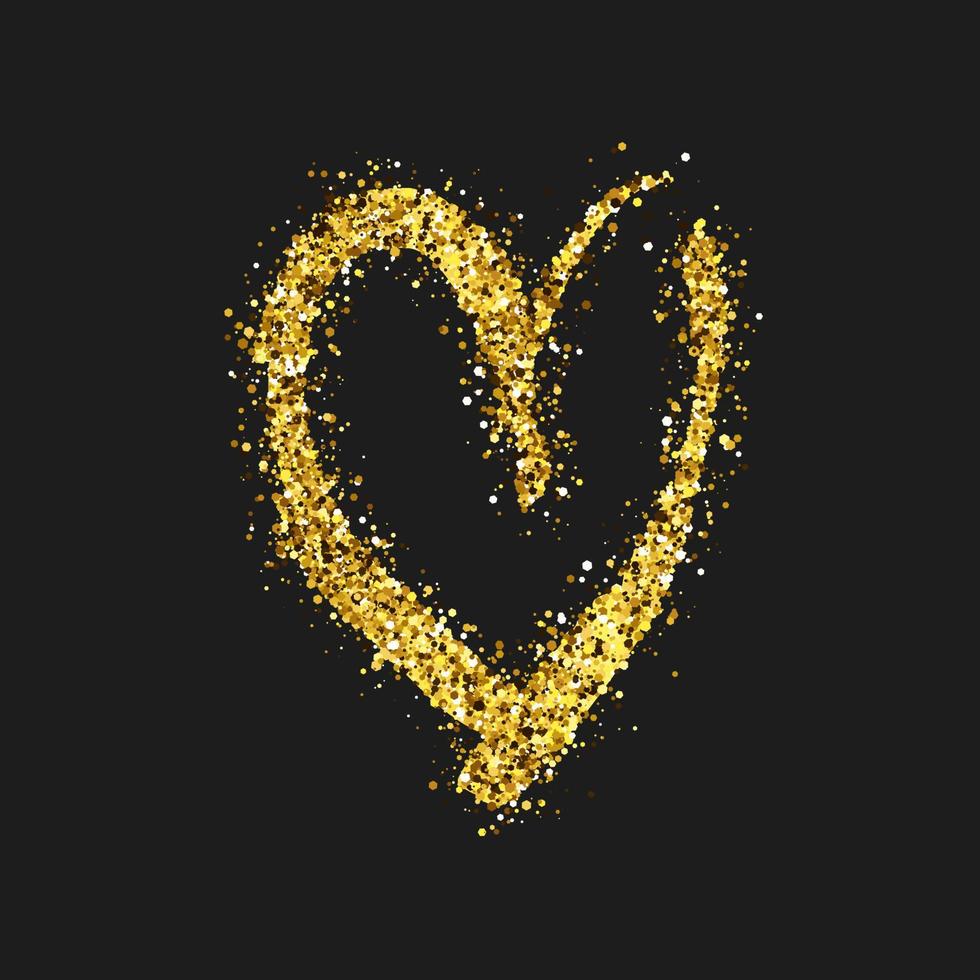 Gold glitter doodle heart on dark background. Gold grunge hand drawn heart. Romantic love symbol. Vector illustration.