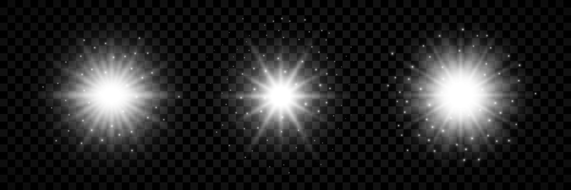 ligero efecto de lente bengalas conjunto de Tres blanco brillante luces Starburst efectos con destellos en un antecedentes. vector ilustración