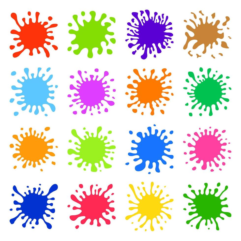 Set of Sixteen Multicolored Hand Drawn Paint Splashes with small splashes and shadows. Vector illustration