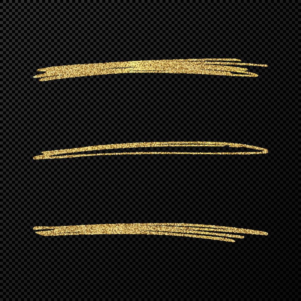 Abstract shiny confetti glittering waves. Set of three hand drawn brush golden strokes on black vector