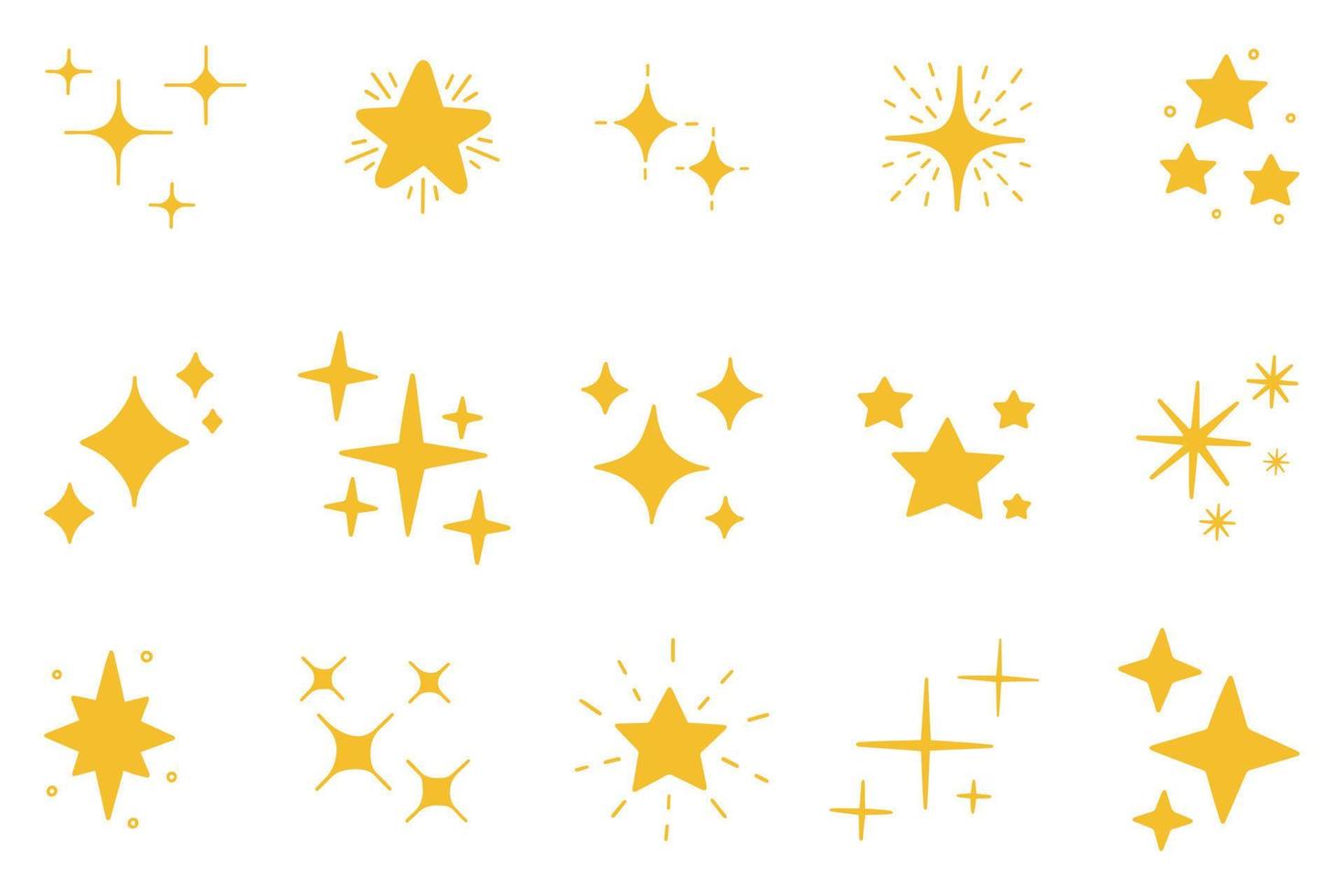 mano dibujado destellos y centelleo estrellas colocar. Brillantina explosión, brillante estrella, que cae estrella, Fuegos artificiales, magia brillar iconos vector ilustración aislado en blanco antecedentes.