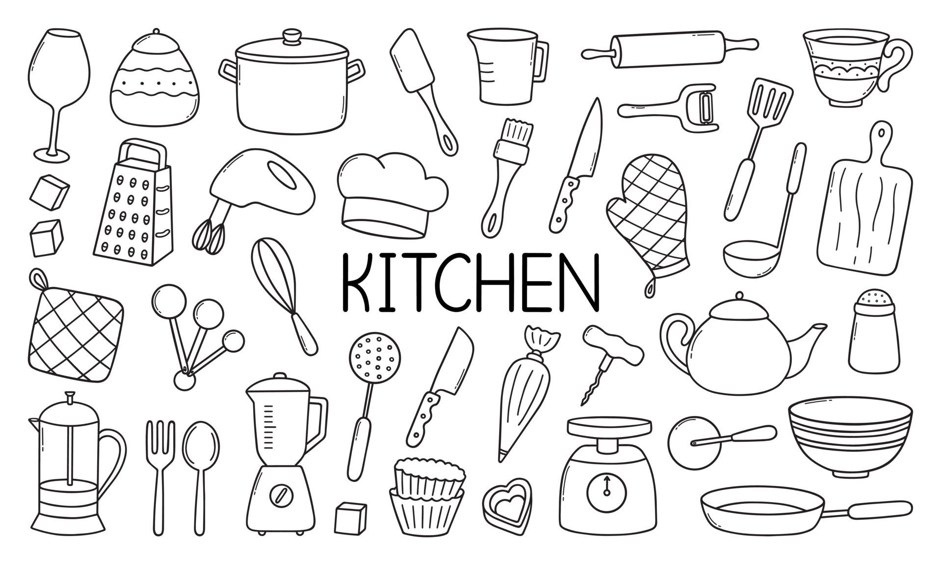 Kitchen tools doodle set. Cooking utensil in sketch style. Hand drawn