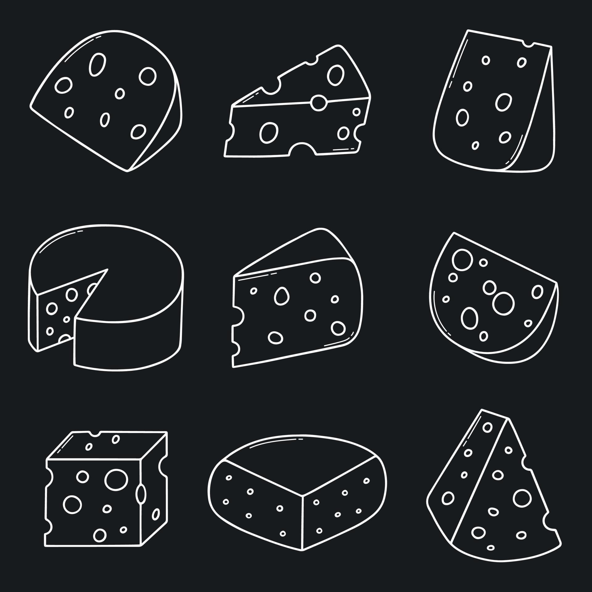 Cheese doodle set. Cheese types in sketch style. Hand drawn vector