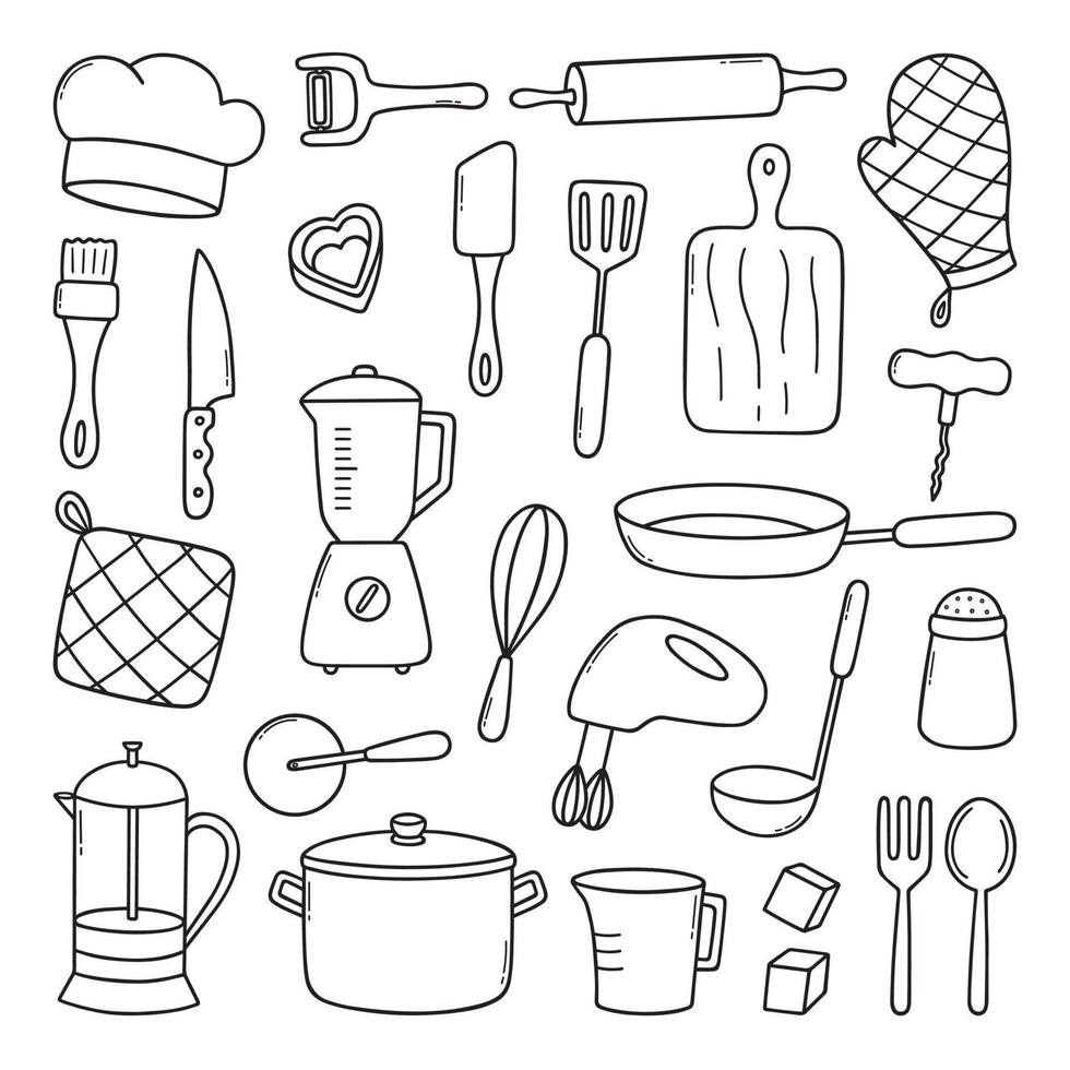 Kitchen tools doodle set. Cooking utensil in sketch style. Hand drawn vector illustration isolated on white background