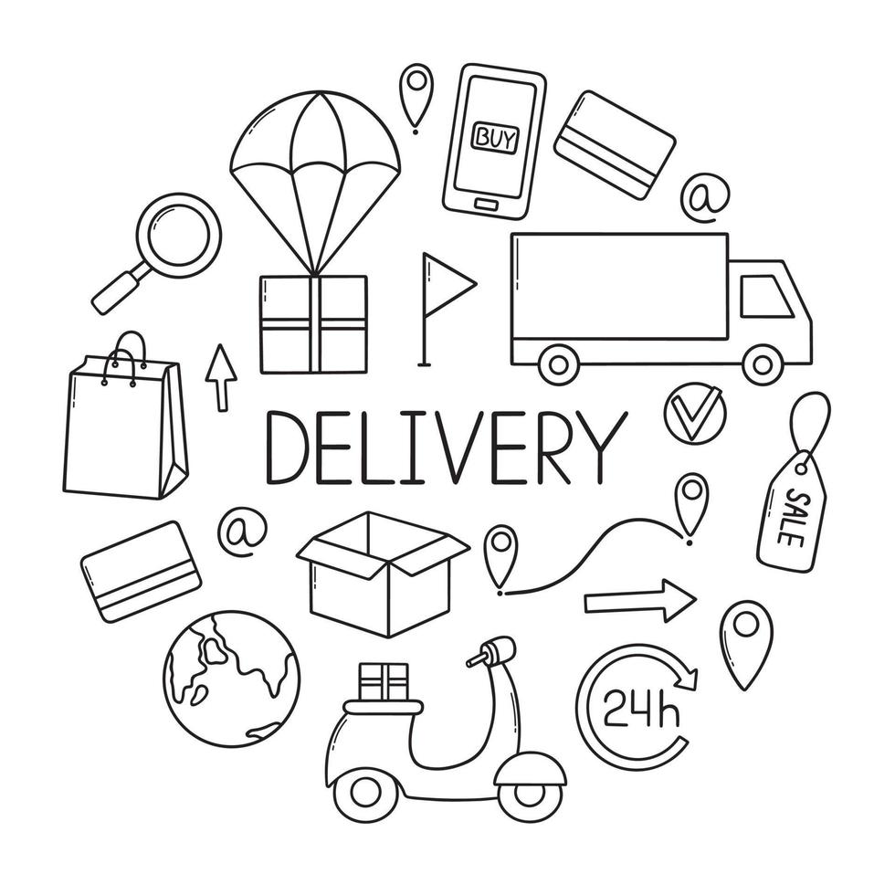 Delivery service doodle set. Online shopping in sketch style.  Hand drawn vector illustration isolated on white background.