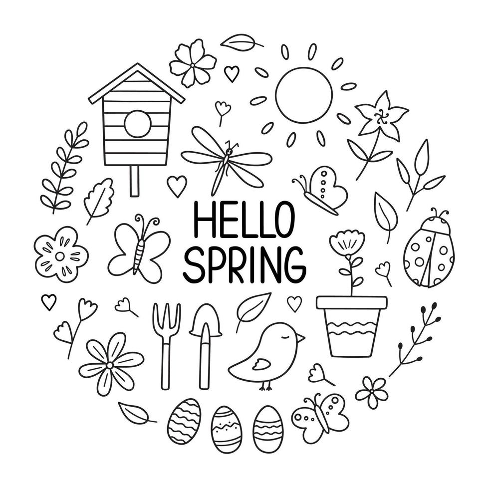 Spring doodle set. Butterflies, bird, watering can, envelope with flowers, birdhouse in sketch style. Hand drawn vector illustration isolated on white background
