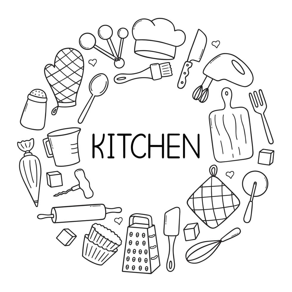 Kitchen tools doodle set. Cooking utensil in sketch style. Hand drawn vector illustration isolated on white background
