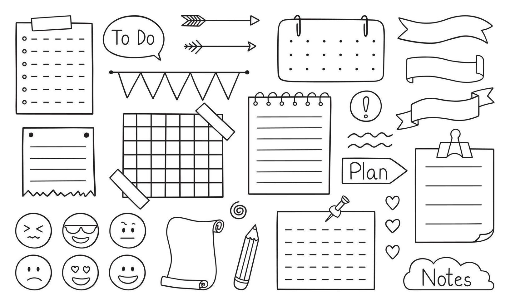 Hand drawn bullet journal doodle. Set of notes, ribbons, frames, stickers for bullet journal, notebook, diary and planner. Vector illustration isolated on white background.