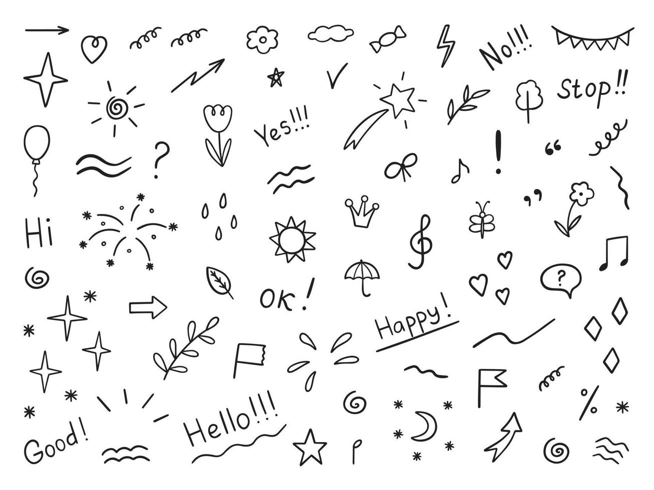 Hand drawn set of abstract doodle elements. Decorative illustrations in sketch style. Arrows, heart, stars, flowers, hearts, signs and symbols. Vector illustration isolated on white background
