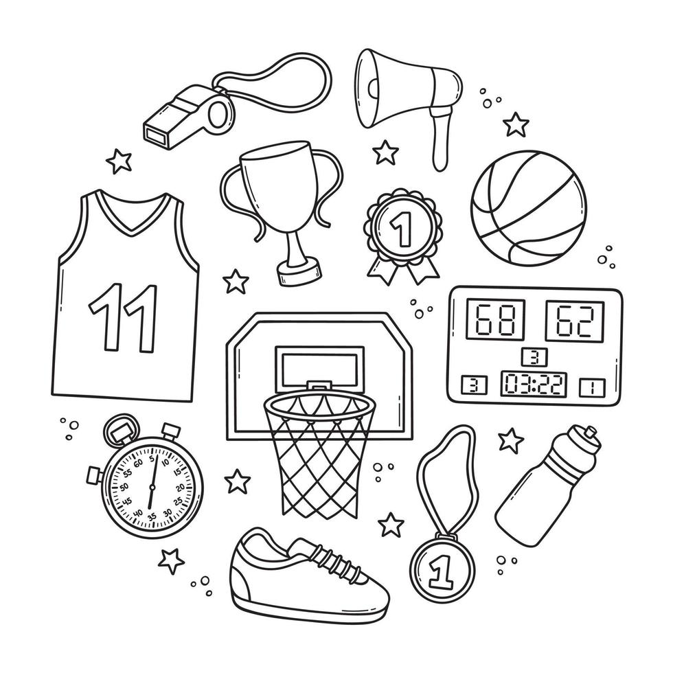 Basketball doodle set. Basketball basket, sport wear, ball, winner cup, medal in sketch style.  Hand drawn vector illustration isolated on white background