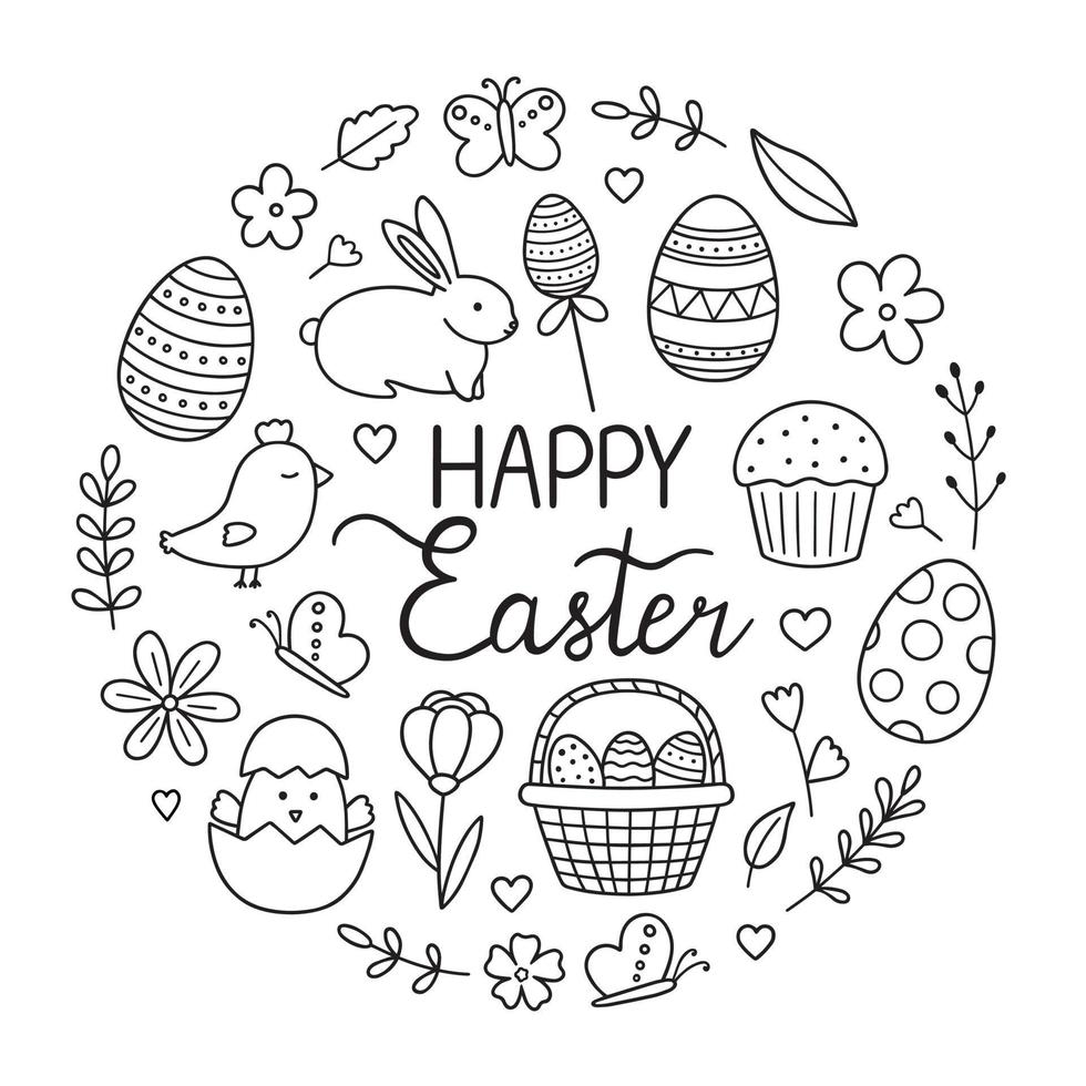 Happy Easter doodle set. Easter bunny, butterflies, chick, eggs, branches, flowers in sketch style.  Vector illustration isolated on white background.