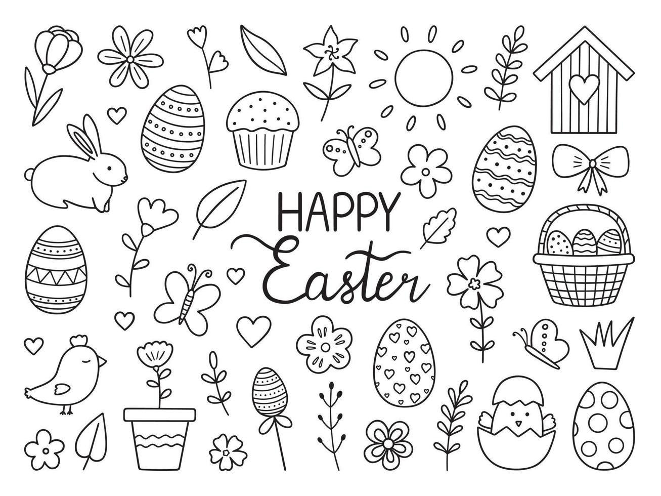 Happy Easter doodle set. Easter bunny, butterflies, chick, eggs, branches, flowers in sketch style.  Vector illustration isolated on white background.