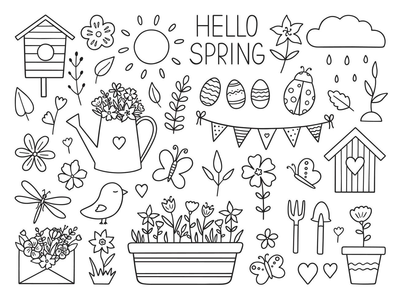 Spring doodle set. Butterflies, bird, watering can, envelope with flowers, birdhouse in sketch style. Hand drawn vector illustration isolated on white background