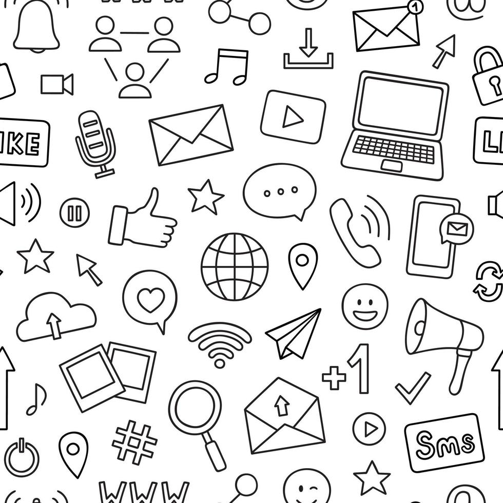 Seamless pattern of social media doodle. Online communication in sketch style. Vector illustration