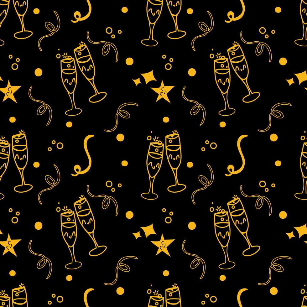 Champagne glasses seamless pattern on black background. vector
