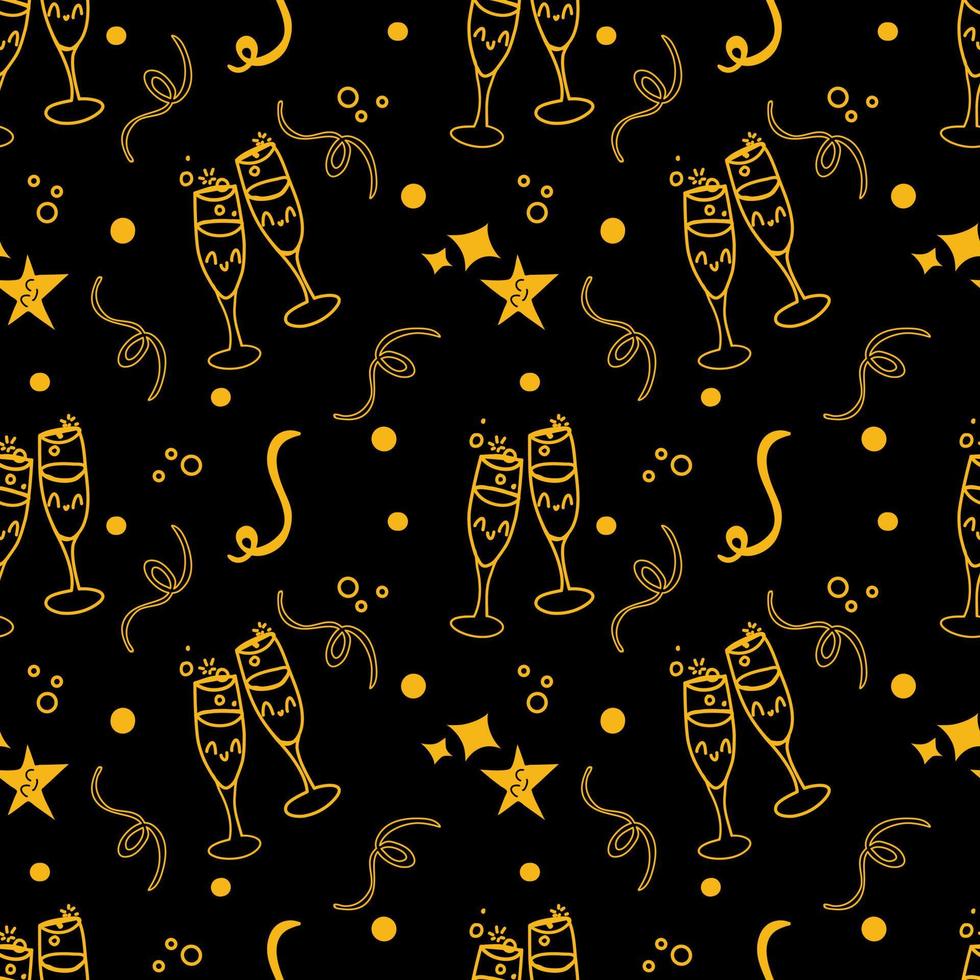 Champagne glasses seamless pattern on black background. vector