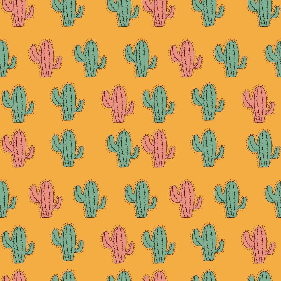 Pink and mint green Cactuses seamless pattern on yellow background. vector