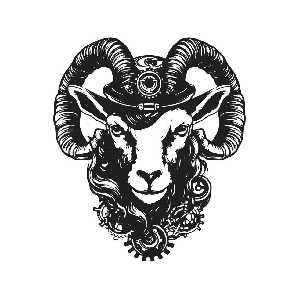 goat head steampunk, logo concept black and white color, hand drawn illustration vector