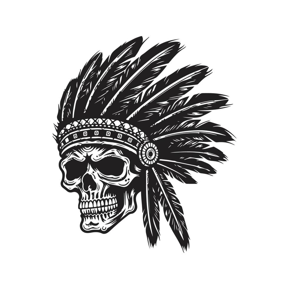 indian skull, logo concept black and white color, hand drawn illustration vector