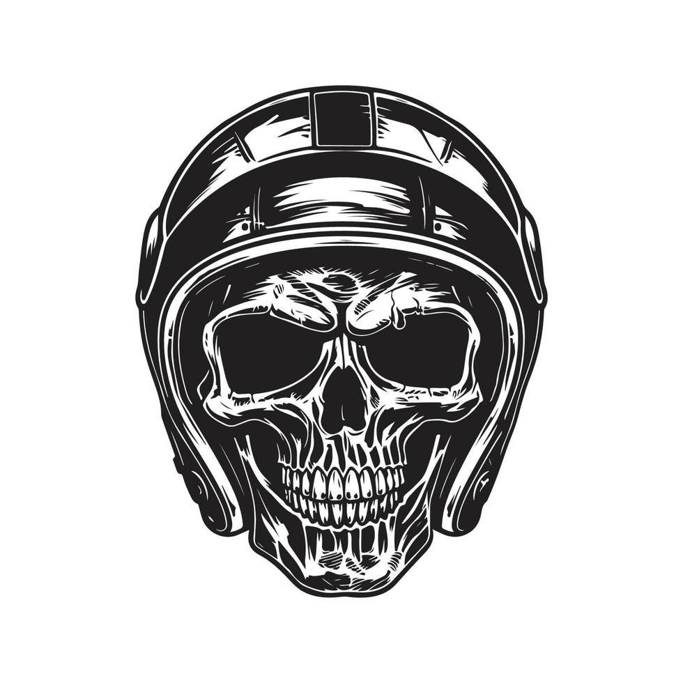 cráneo motorista vistiendo casco, logo concepto negro y blanco color, mano dibujado ilustración vector