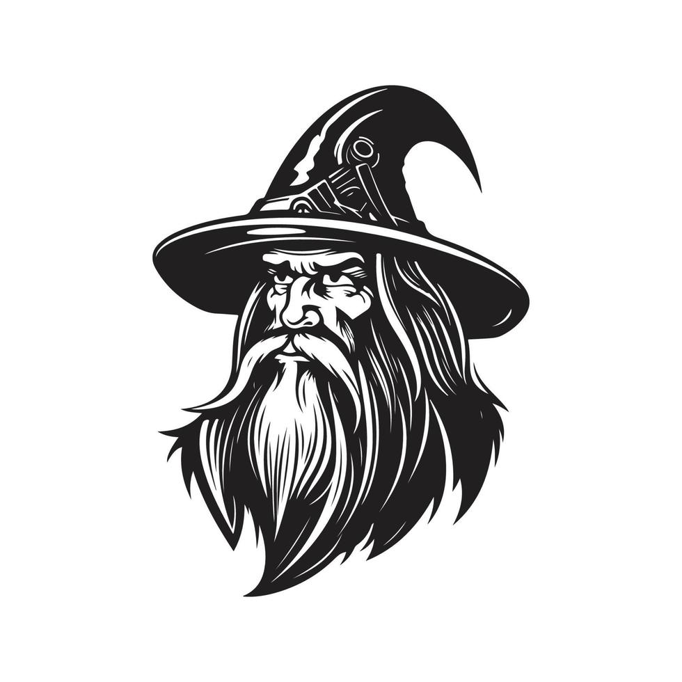 wizard, logo concept black and white color, hand drawn illustration vector