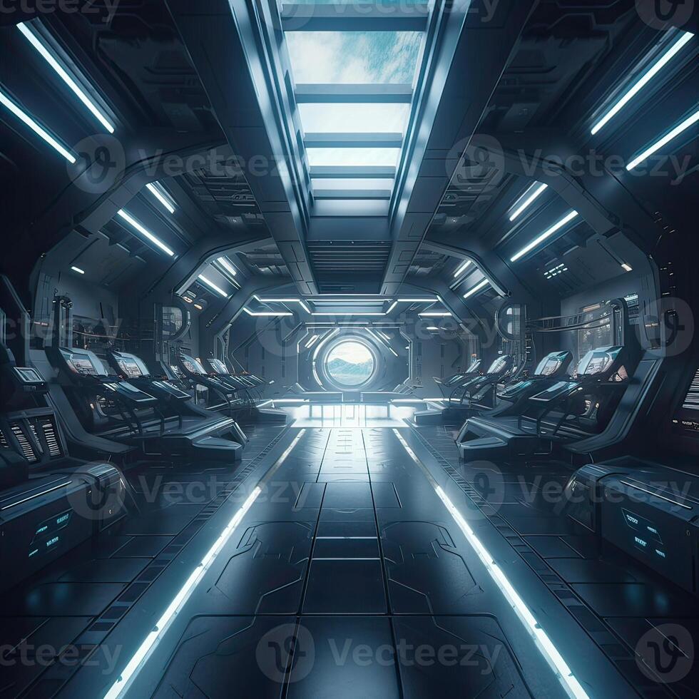 futuristic sci-fi space war ship hangar tunnel corridor with reflective glass windows 3d illustration background wallpaper. photo