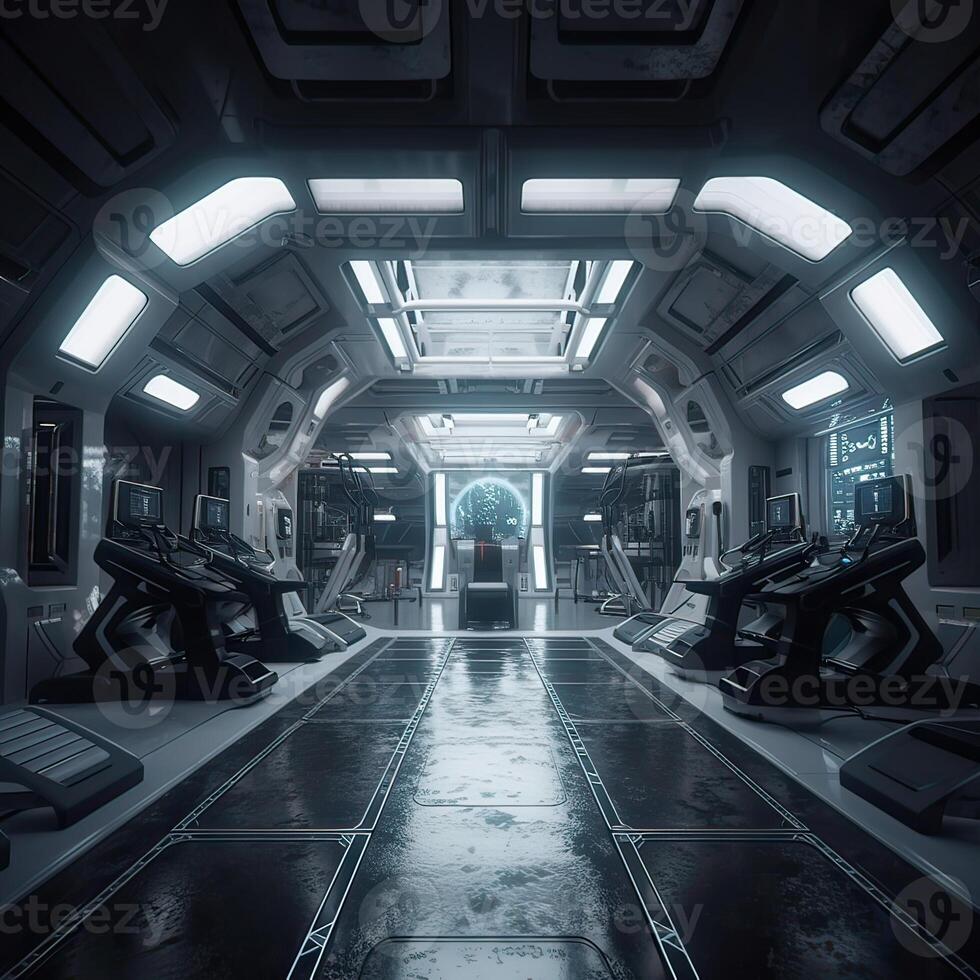 futuristic sci-fi space war ship hangar tunnel corridor with reflective glass windows 3d illustration background wallpaper. photo