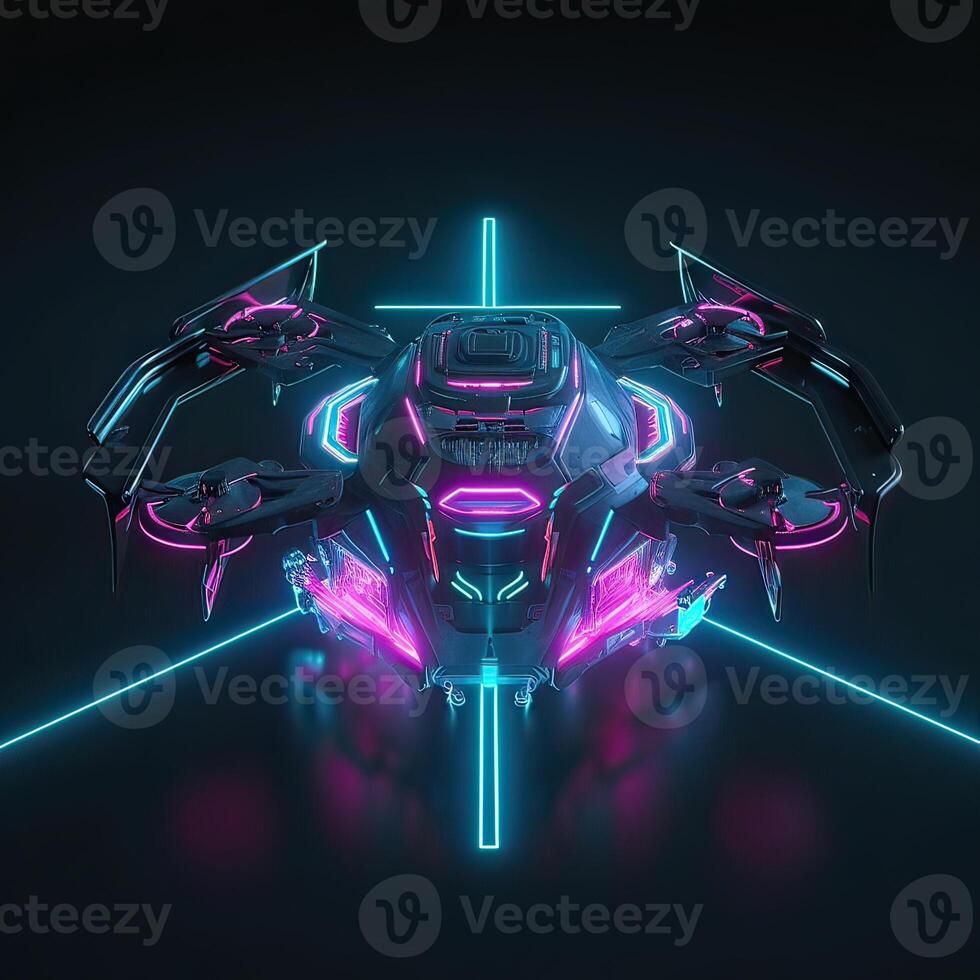 Neon drone with camera. Neon drone color. illustration of a quadrocopter consisting of neon outlines, with backlight on the dark background. . photo