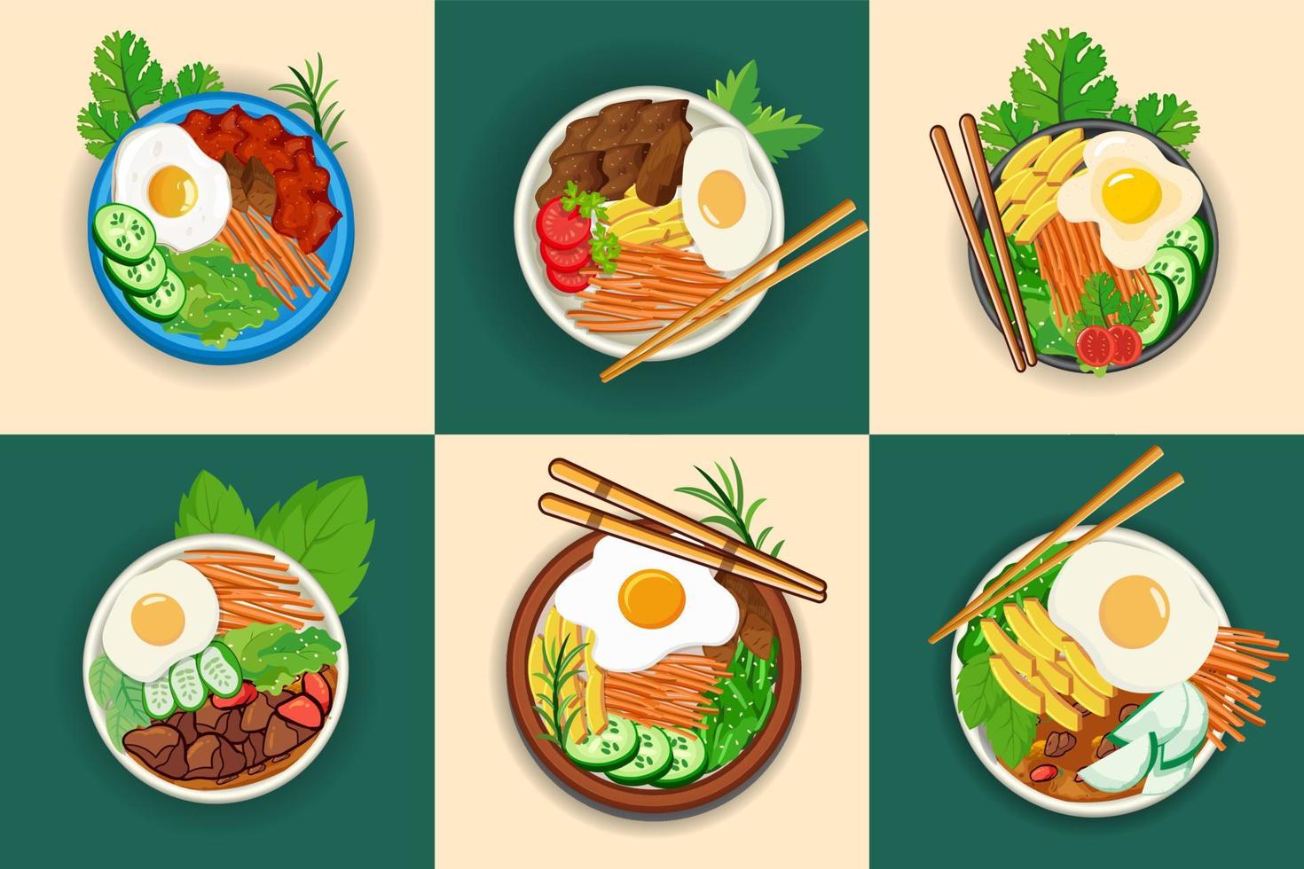 bibimbap único mano dibujo ilustraciones. delicioso especia coreano Corea cuenco cena kimchi vegetal plato comida caliente sano restaurante Cocinando pollo plato oriental bibimbap acortar Arte modelo vector