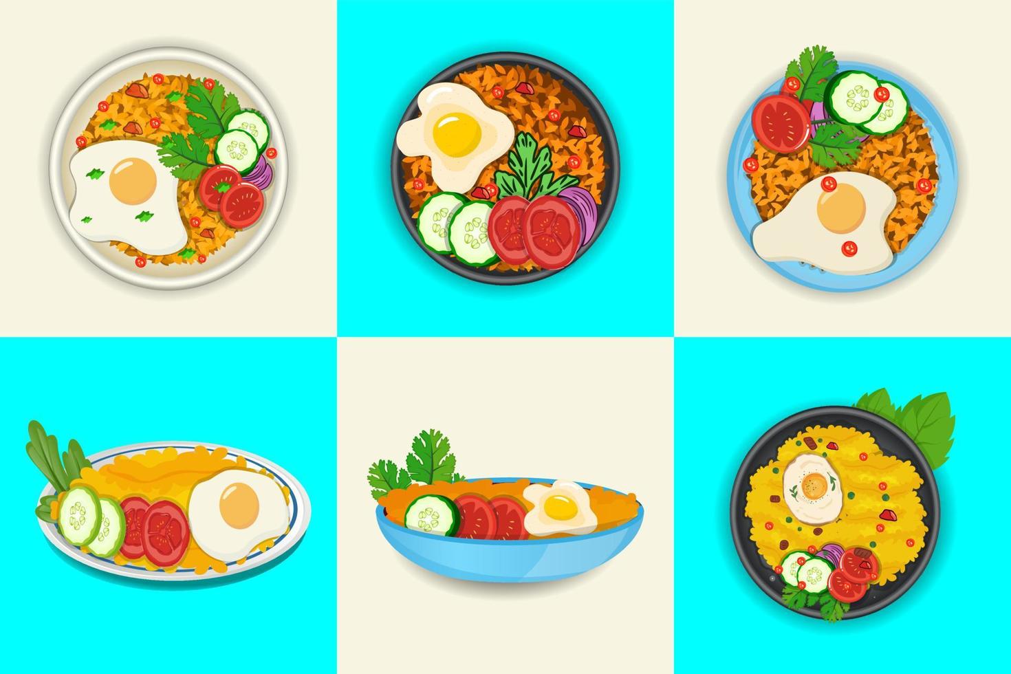 Nasi Goreng Illustrations Big Collection Set. Watercolor Healthy Meat Rice Delicious Vegetable Breakfast Best Big Elements Collection. vector