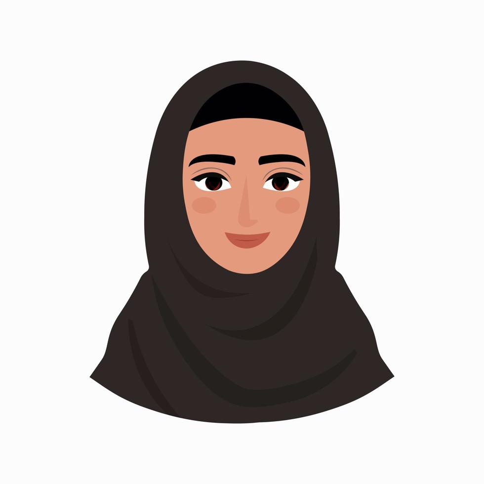 Arab Woman Face Covered with Hijab. Muslim woman. Muslim Girl Avatar. Avatar icon in flat style. Smiling girl in a scarf. Isolated vector illustration