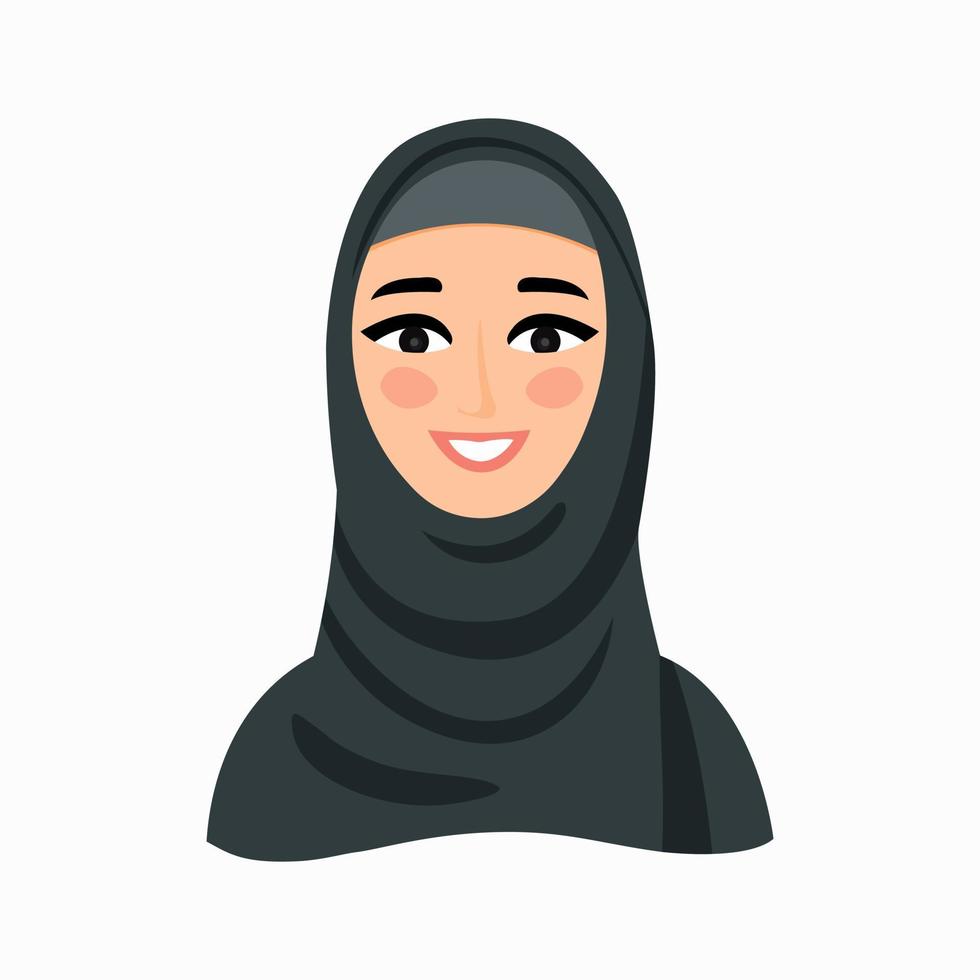 Arab Woman Face Covered with Hijab. Muslim woman. Muslim Girl Avatar. Avatar icon in flat style. Smiling girl in a scarf. Isolated vector illustration