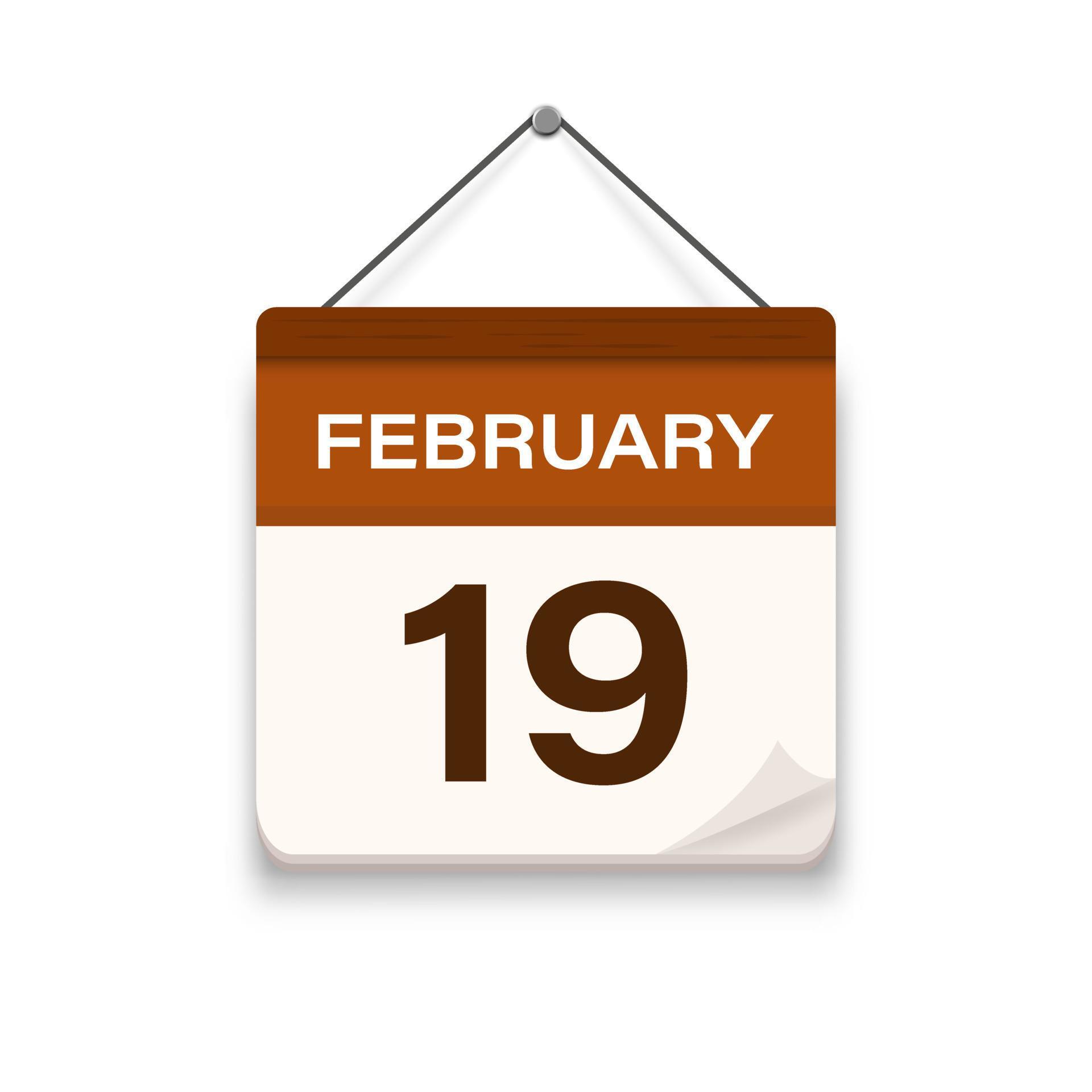 February 19, Calendar icon with shadow. Day, month. Meeting appointment