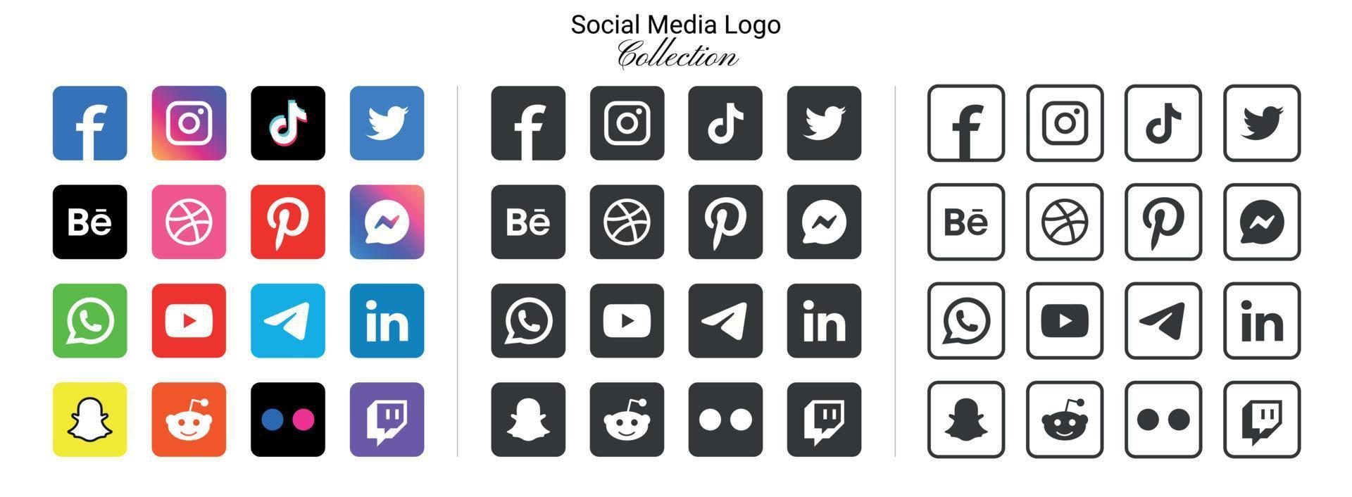 Popular social network logo icons facebook instagram youtube pinterest tiktok and etc logo icons, social media icon set vector