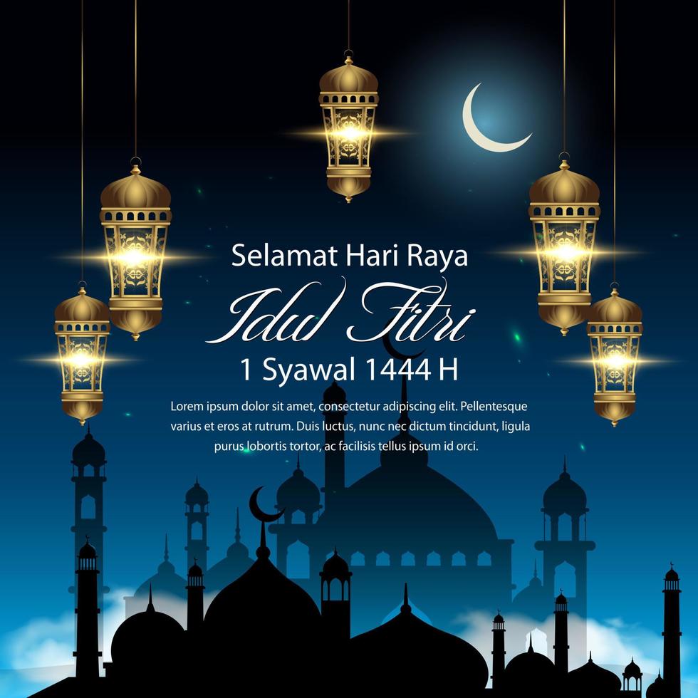 Eid Al-Fitr. Eid Mubarak greeting illustration with mosque silhouette and lantern background vector