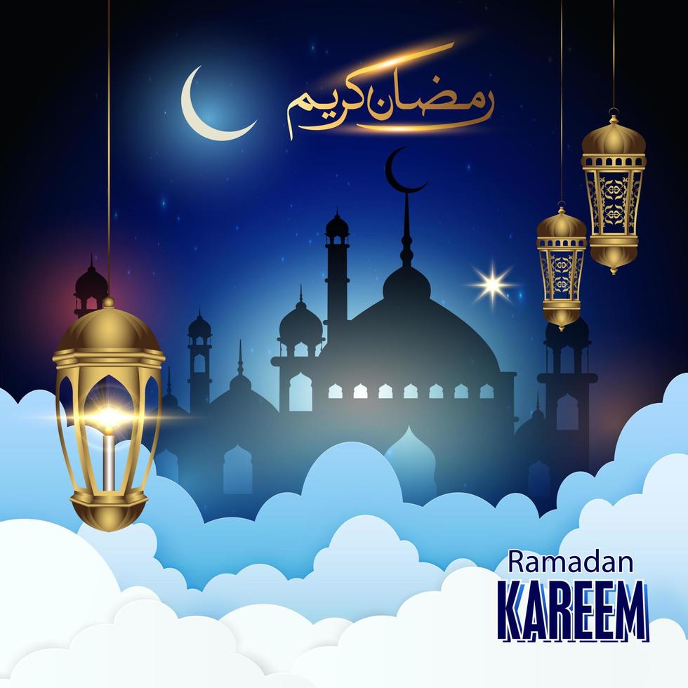 Ramadan Kareem Background. with arabic calligraphy, mosque silhouette and lantern background, for Islamic greeting card and poster. vector