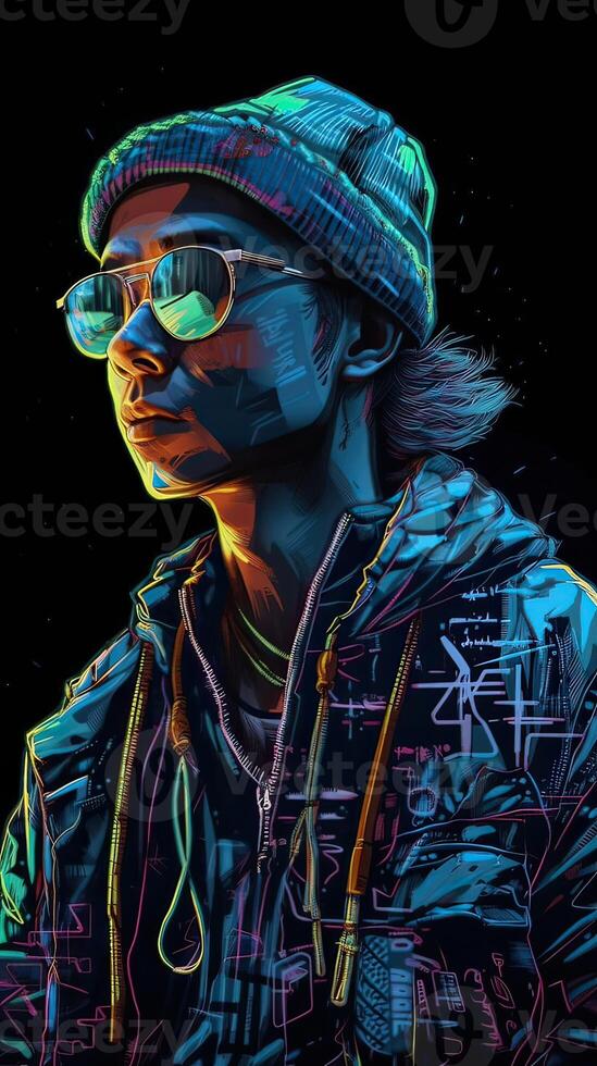 illustration of young handsome hipster man stands in glow city. stylish rappers in glow city. Non-existent person. photo