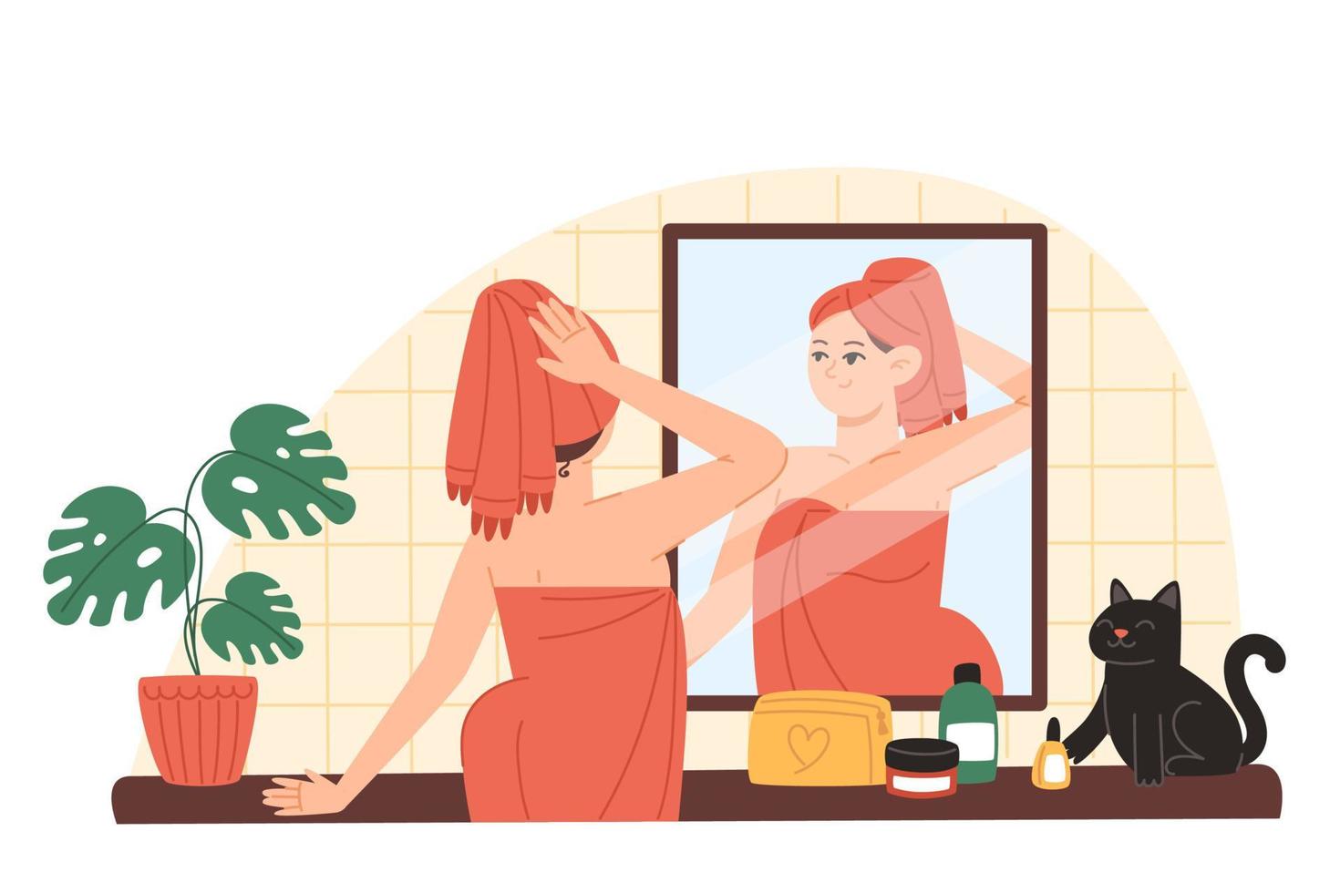 Young woman looks at herself in the mirror in the bathroom and takes care of herself vector