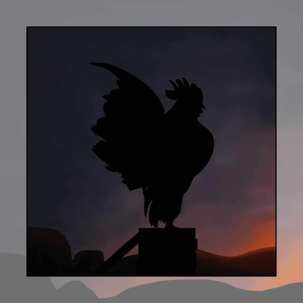 Illustration of a rooster with the sun rising behind him. Vector illustration of a rooster